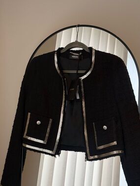 Versace Black Tweed Jacket zip up with chainmail trim and embellished buttons